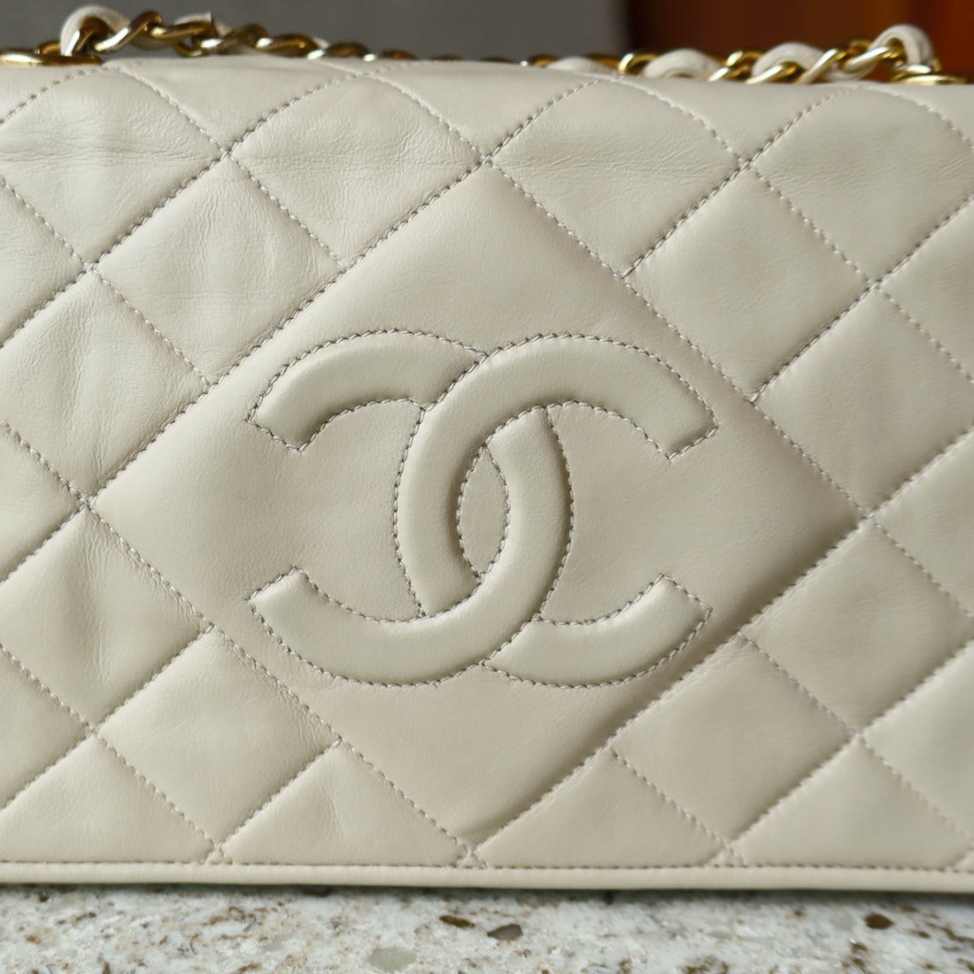 Chanel Vintage Matelasse Quilted Coco mark Light Beige Lambskin Flap Bag