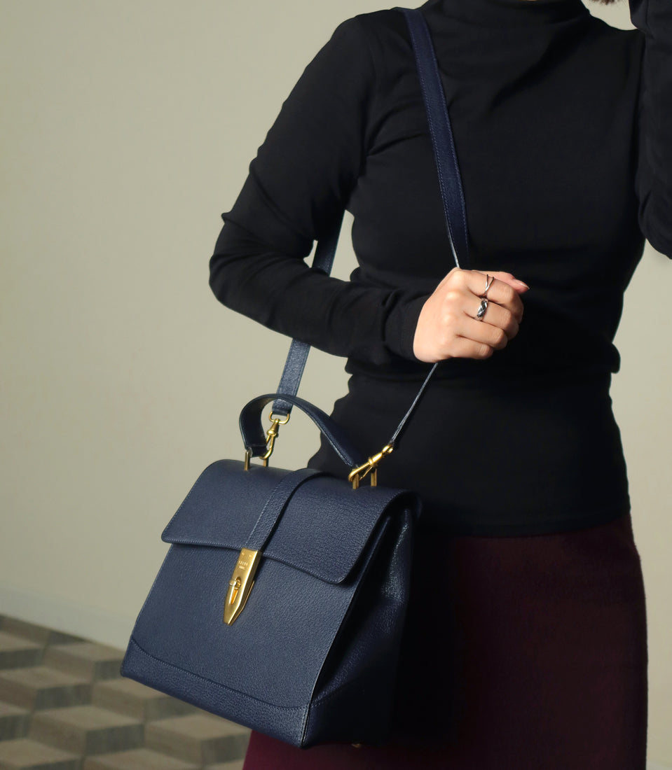 Rare Celine Vintage Dark Blue Gold Turn lock Top Handle Shoulder Flap Bag