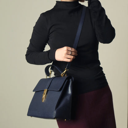 Rare Celine Vintage Dark Blue Gold Turn lock Top Handle Shoulder Flap Bag