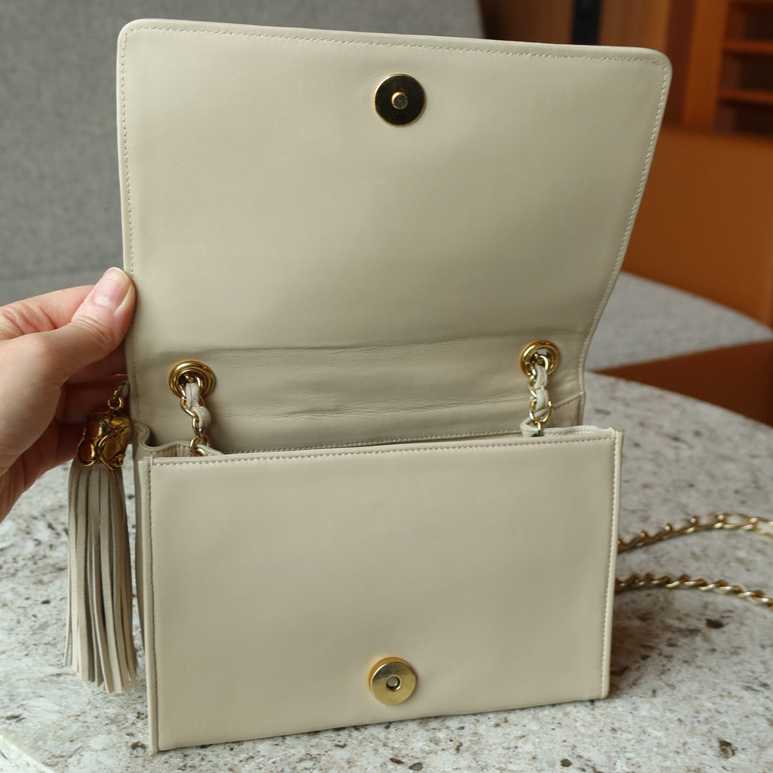 Chanel Vintage Matelasse Quilted Coco mark Light Beige Lambskin Flap Bag
