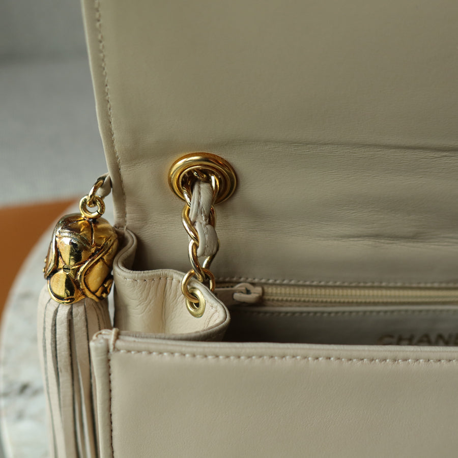 Chanel Vintage Matelasse Quilted Coco mark Light Beige Lambskin Flap Bag
