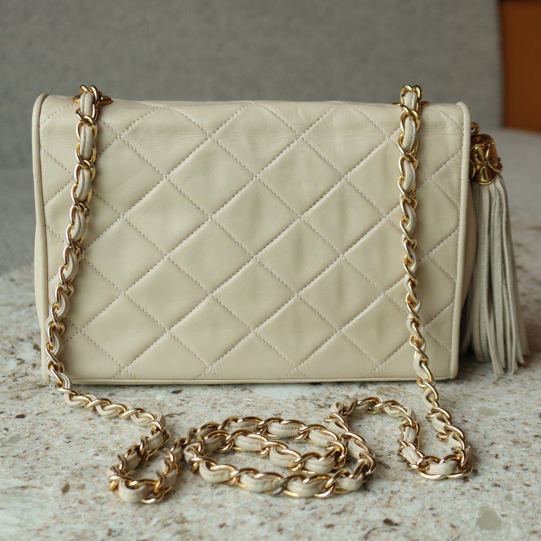 Chanel Vintage Matelasse Quilted Coco mark Light Beige Lambskin Flap Bag
