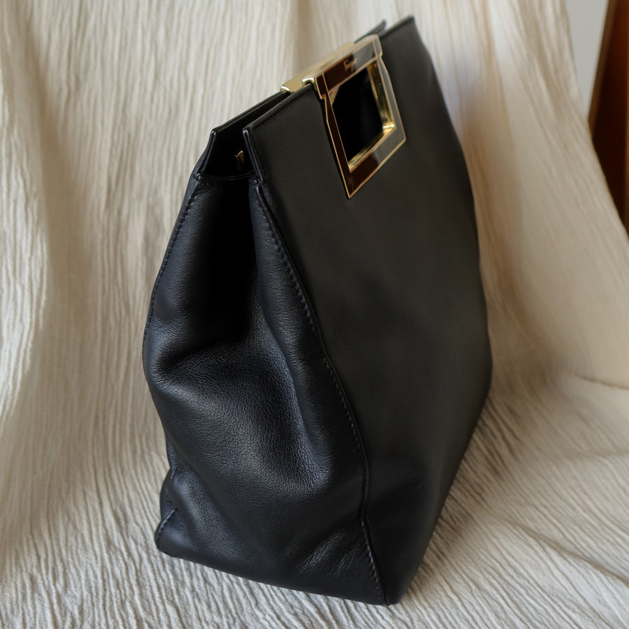 Salvatore Ferragamo Vintage Black Leather 2way Gold Clutch Bag