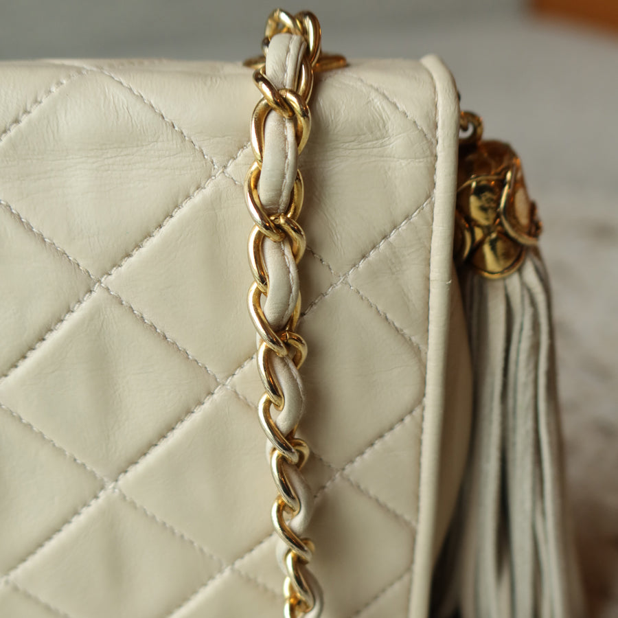 Chanel Vintage Matelasse Quilted Coco mark Light Beige Lambskin Flap Bag