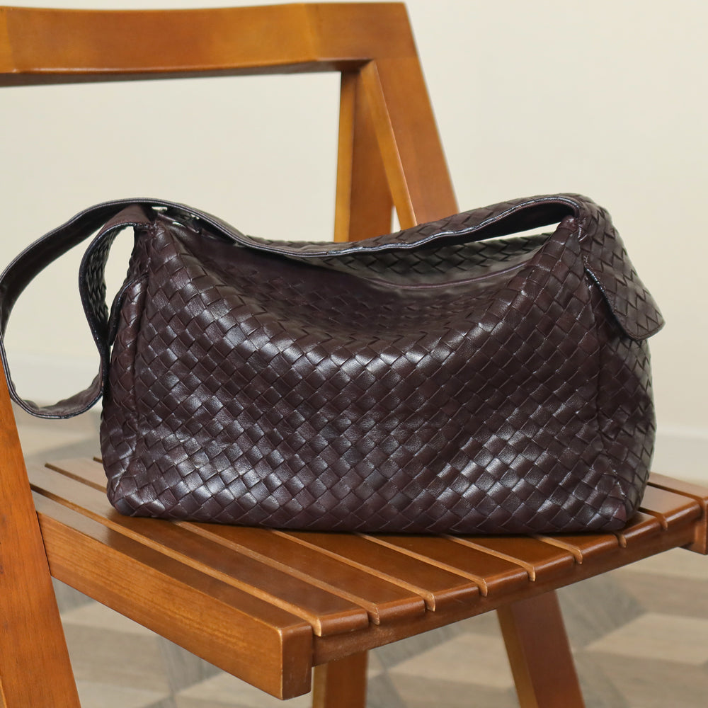Bottega Veneta Vintage Dark Brown Intrecciato Weave Long Strap Hobo Shoulder Bag