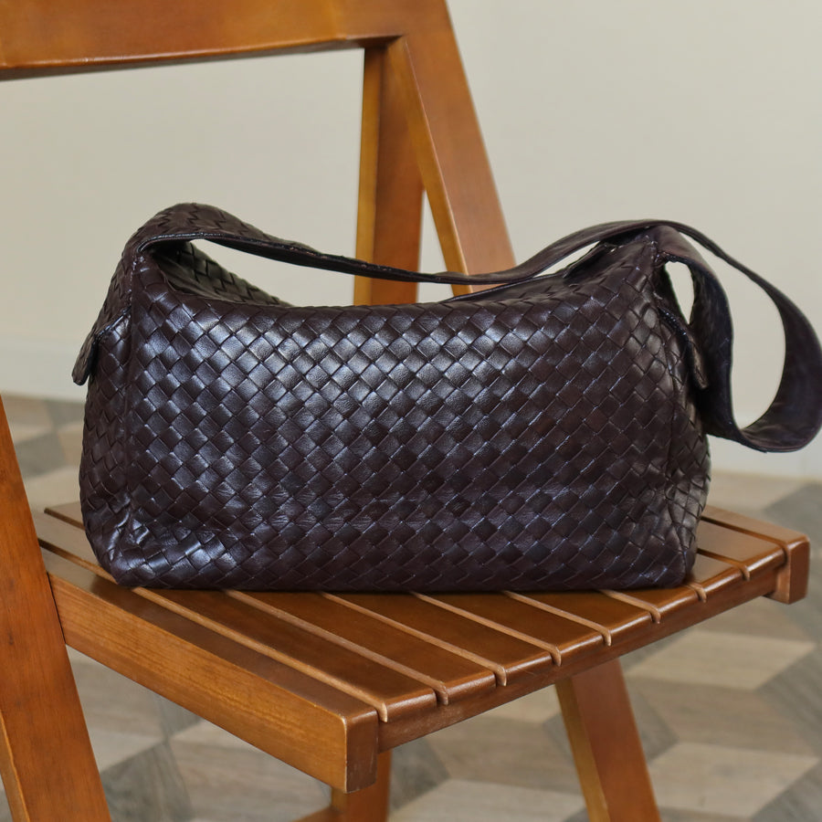 Bottega Veneta Vintage Dark Brown Intrecciato Weave Long Strap Hobo Shoulder Bag