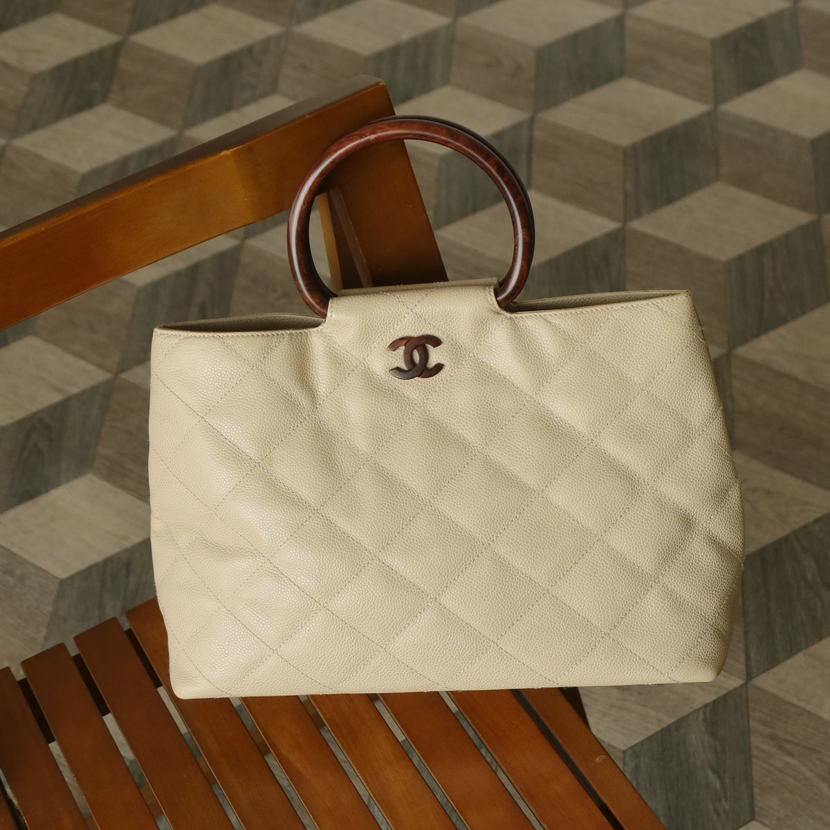Chanel Vintage Quilted Beige Caviar Leather CC mark Top Handle Weekend Bag