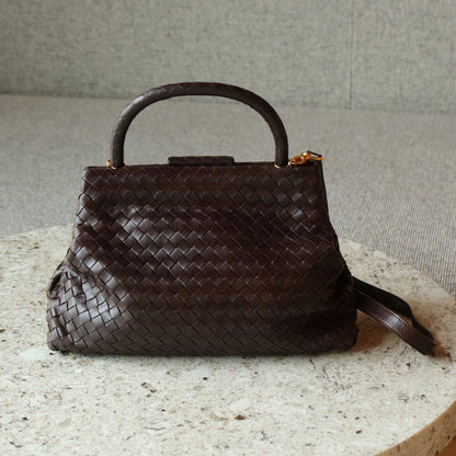 Bottega Veneta Vintage Dark Brown Intrecciato Kiss Lock 2way Bag