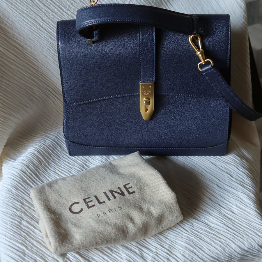 Rare Celine Vintage Dark Blue Gold Turn lock Top Handle Shoulder Flap Bag