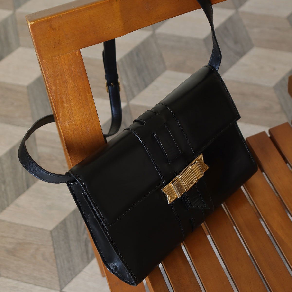 Celine Vintage Black Ribbon Gold Metal Fittings Crossbody Bag