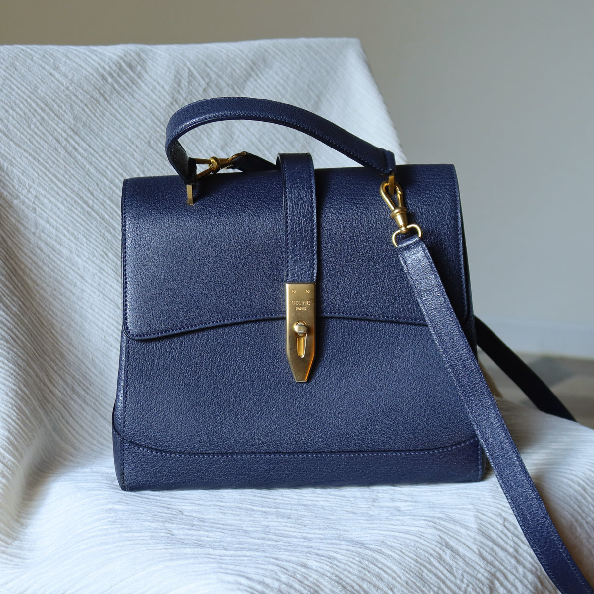 Rare Celine Vintage Dark Blue Gold Turn lock Top Handle Shoulder Flap Bag