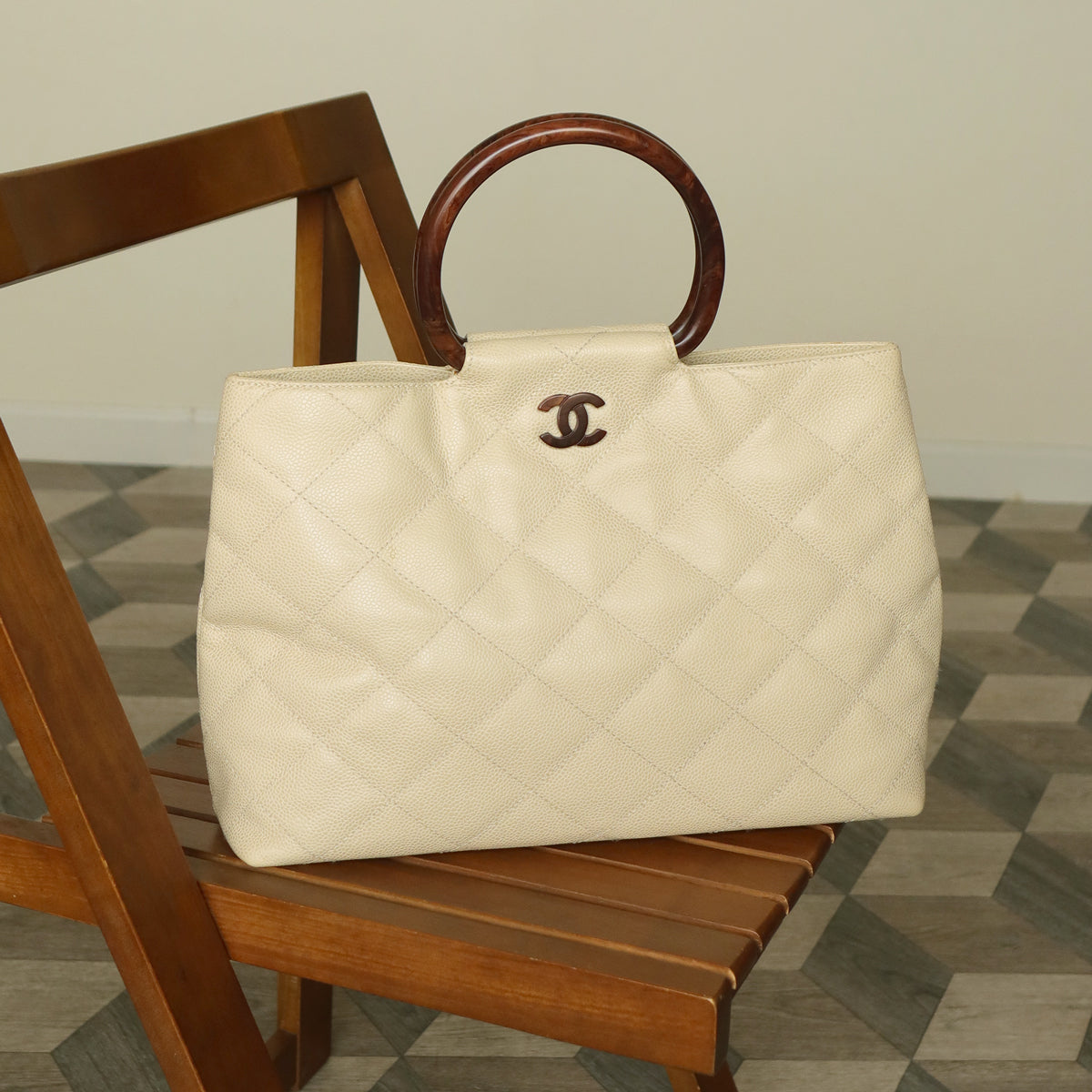 Chanel Vintage Quilted Beige Caviar Leather CC mark Top Handle Weekend Bag