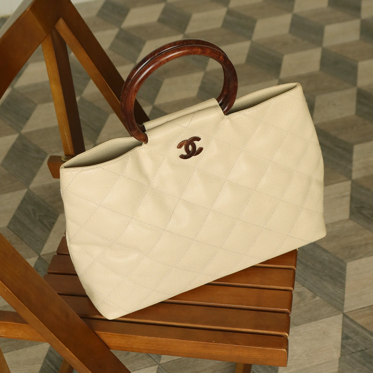 Chanel Vintage Quilted Beige Caviar Leather CC mark Top Handle Weekend Bag