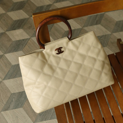 Chanel Vintage Quilted Beige Caviar Leather CC mark Top Handle Weekend Bag