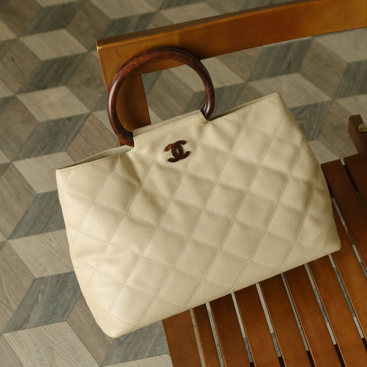 Chanel Vintage Quilted Beige Caviar Leather CC mark Top Handle Weekend Bag