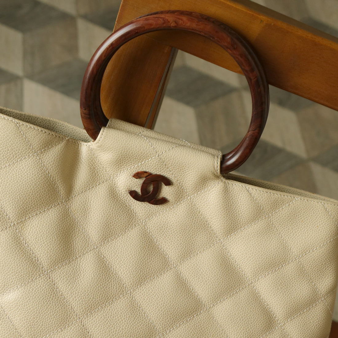 Chanel Vintage Quilted Beige Caviar Leather CC mark Top Handle Weekend Bag