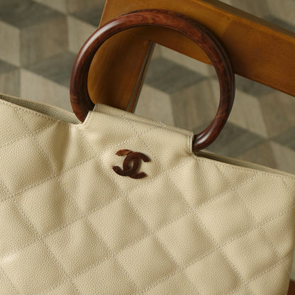 Chanel Vintage Quilted Beige Caviar Leather CC mark Top Handle Weekend Bag