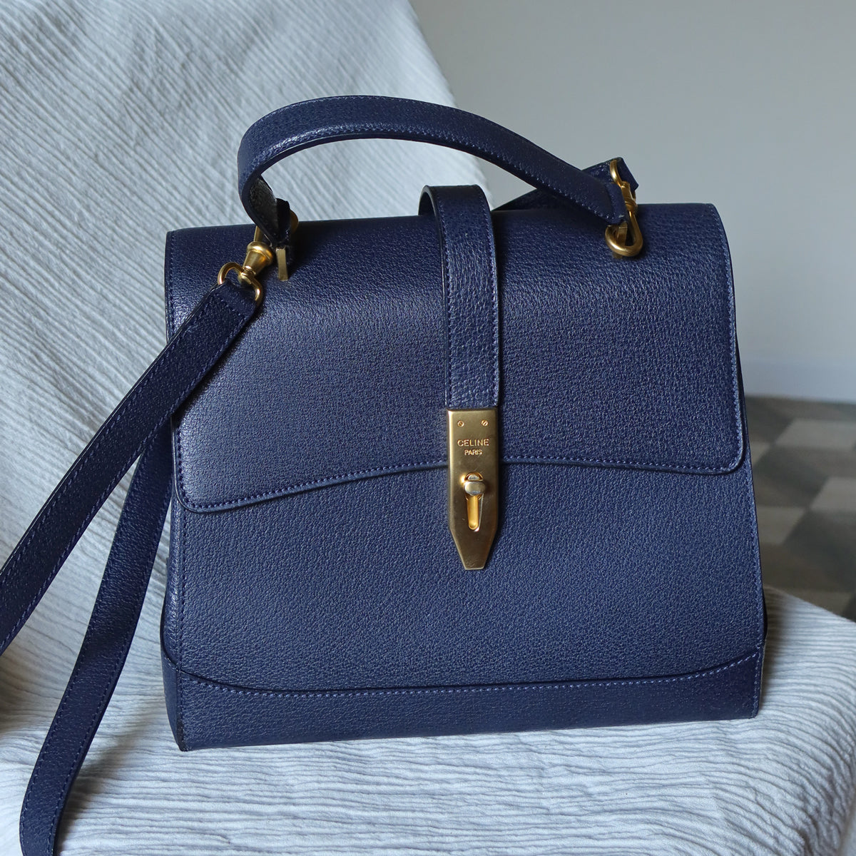Rare Celine Vintage Dark Blue Gold Turn lock Top Handle Shoulder Flap Bag