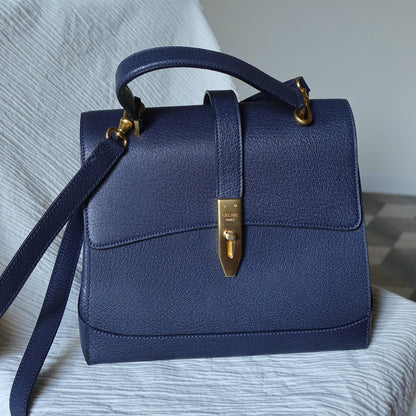 Rare Celine Vintage Dark Blue Gold Turn lock Top Handle Shoulder Flap Bag