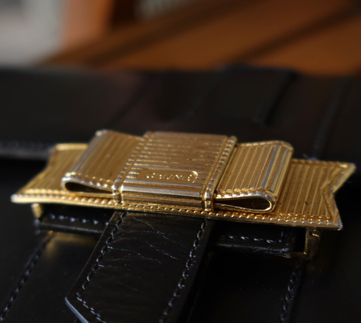 Celine Vintage Black Ribbon Gold Metal Fittings Crossbody Bag