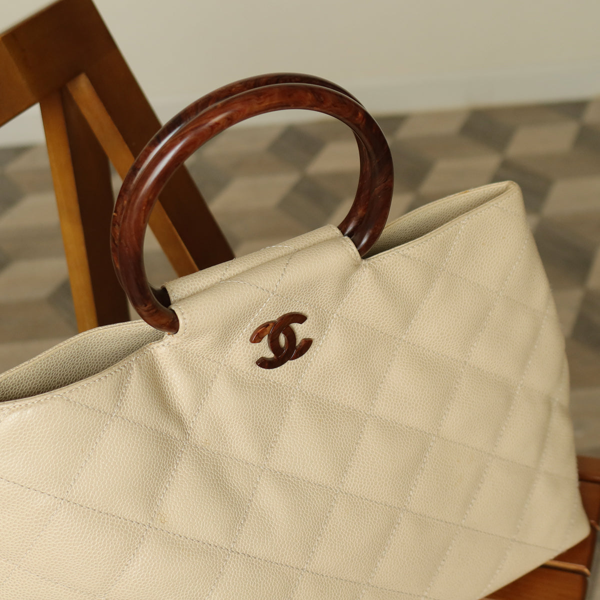 Chanel Vintage Quilted Beige Caviar Leather CC mark Top Handle Weekend Bag