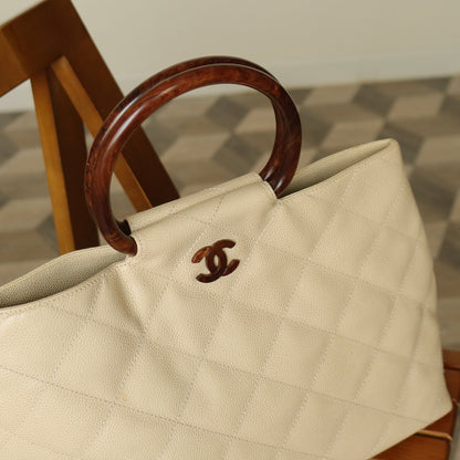 Chanel Vintage Quilted Beige Caviar Leather CC mark Top Handle Weekend Bag