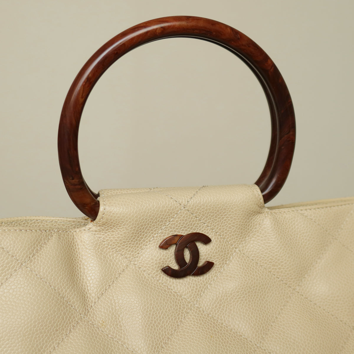 Chanel Vintage Quilted Beige Caviar Leather CC mark Top Handle Weekend Bag
