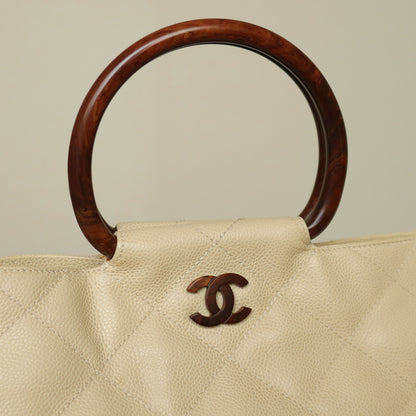 Chanel Vintage Quilted Beige Caviar Leather CC mark Top Handle Weekend Bag