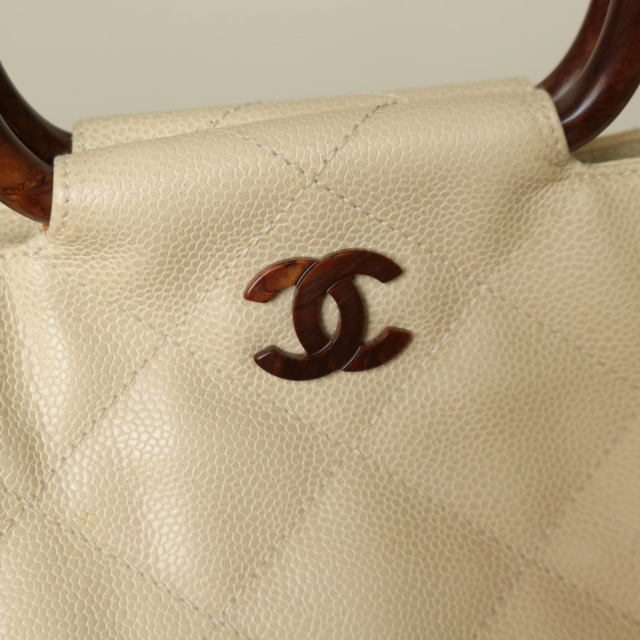 Chanel Vintage Quilted Beige Caviar Leather CC mark Top Handle Weekend Bag