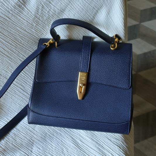 Rare Celine Vintage Dark Blue Gold Turn lock Top Handle Shoulder Flap Bag