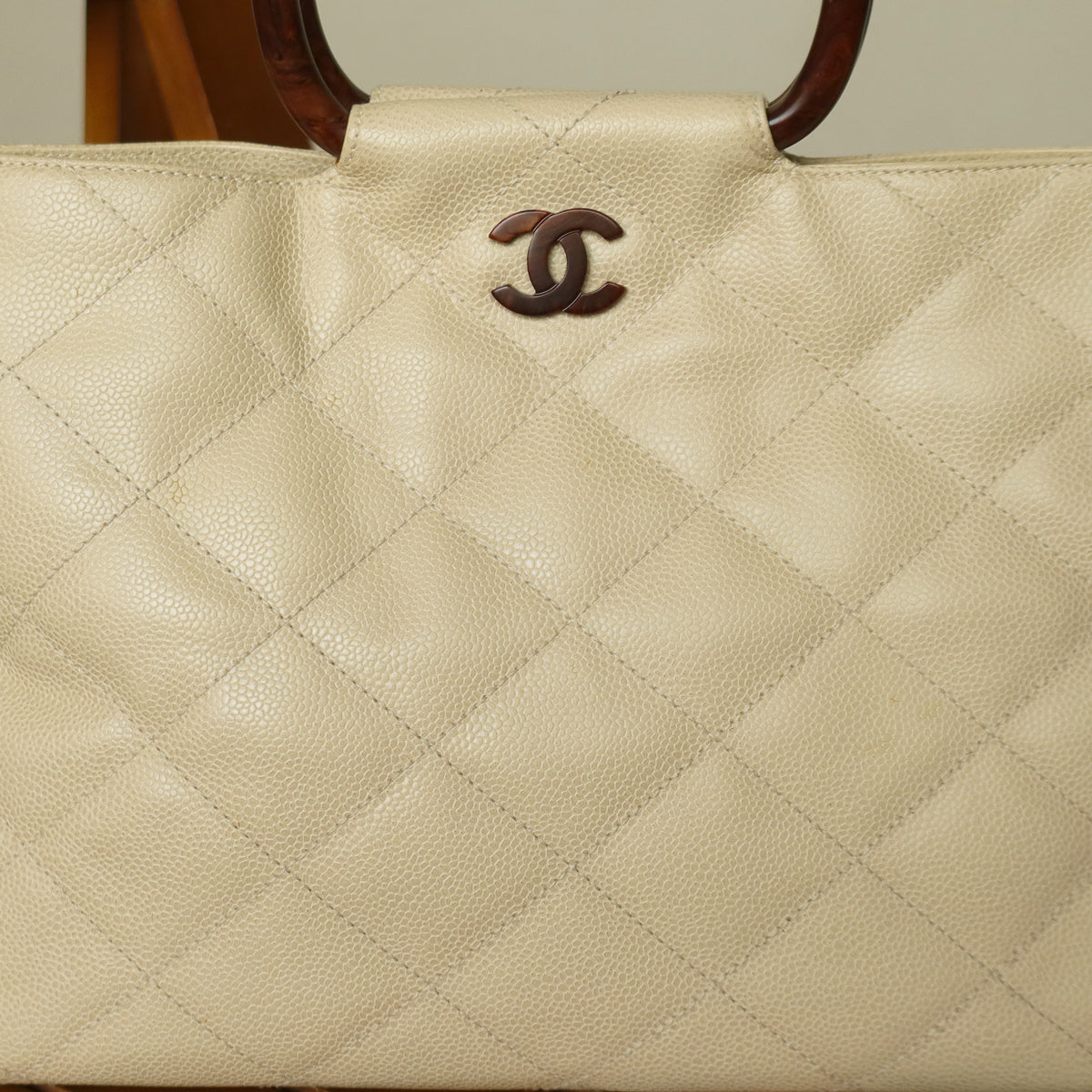 Chanel Vintage Quilted Beige Caviar Leather CC mark Top Handle Weekend Bag