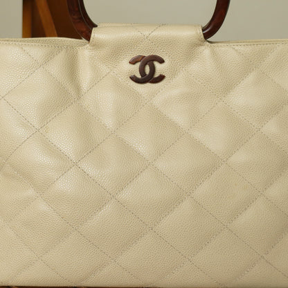 Chanel Vintage Quilted Beige Caviar Leather CC mark Top Handle Weekend Bag