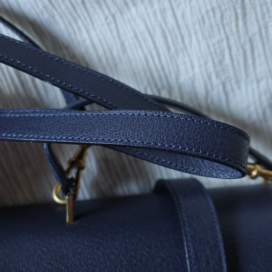 Rare Celine Vintage Dark Blue Gold Turn lock Top Handle Shoulder Flap Bag