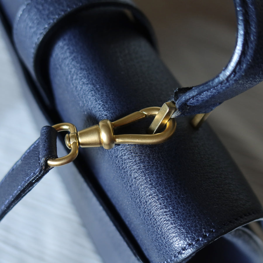 Rare Celine Vintage Dark Blue Gold Turn lock Top Handle Shoulder Flap Bag
