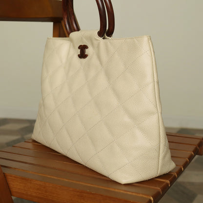 Chanel Vintage Quilted Beige Caviar Leather CC mark Top Handle Weekend Bag