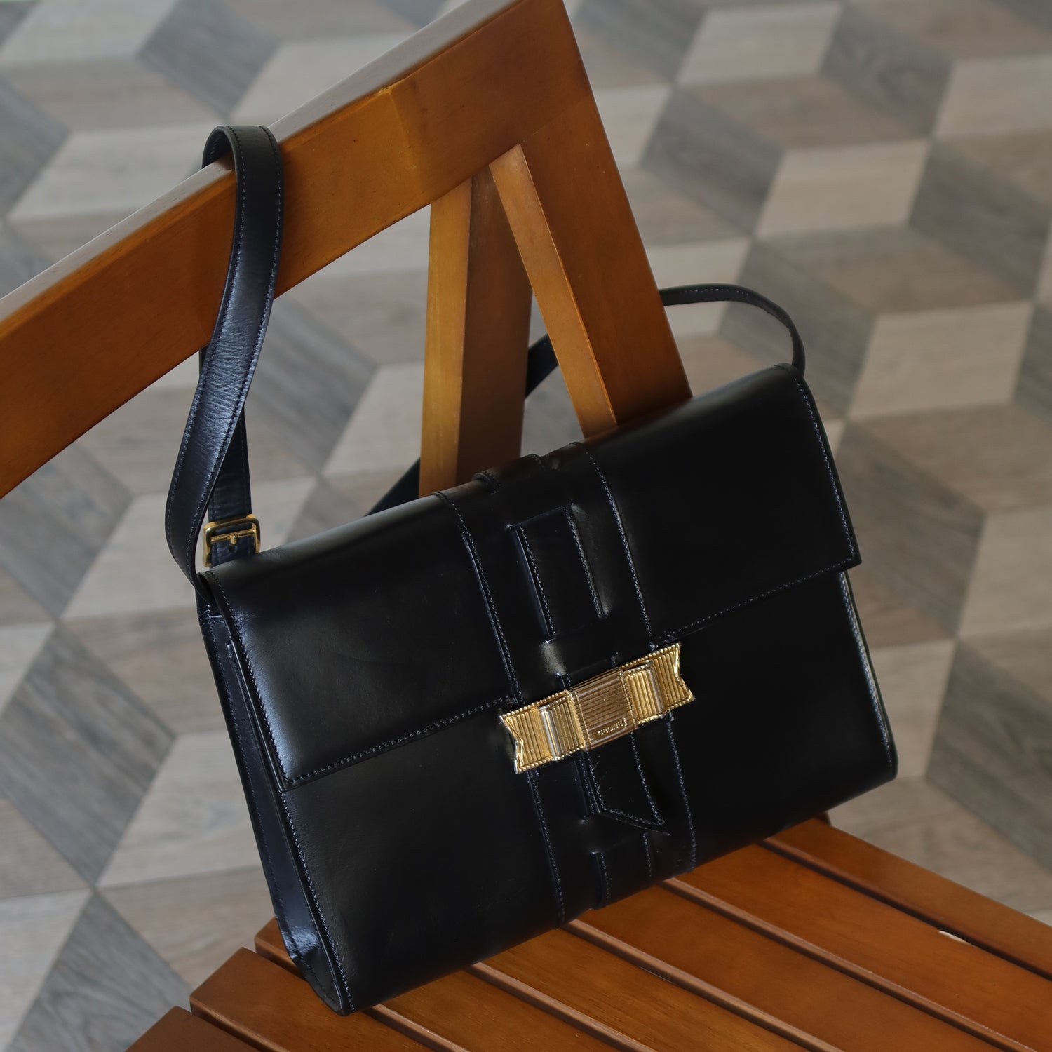 Celine Vintage Black Ribbon Gold Metal Fittings Crossbody Bag