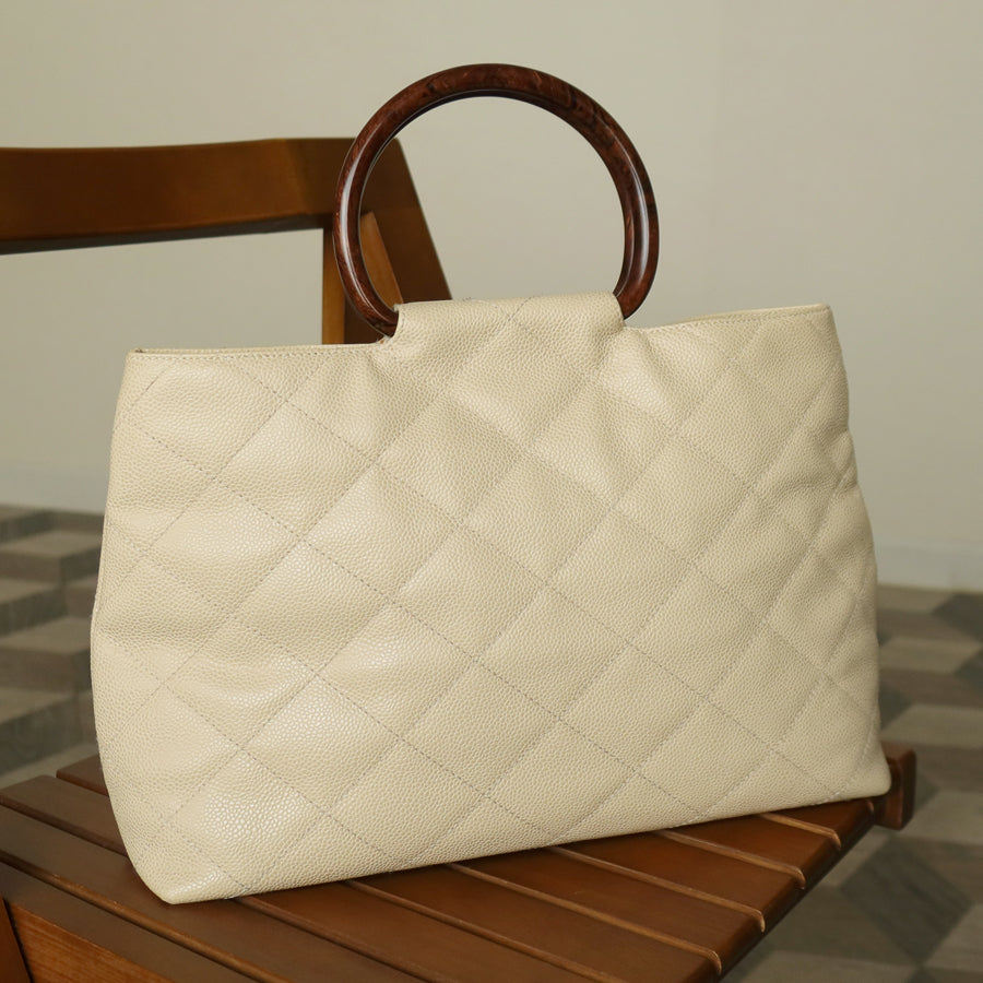 Chanel Vintage Quilted Beige Caviar Leather CC mark Top Handle Weekend Bag