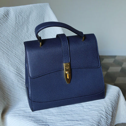 Rare Celine Vintage Dark Blue Gold Turn lock Top Handle Shoulder Flap Bag