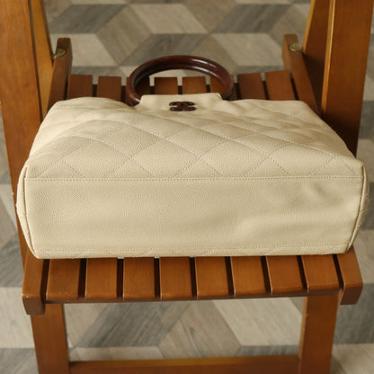 Chanel Vintage Quilted Beige Caviar Leather CC mark Top Handle Weekend Bag