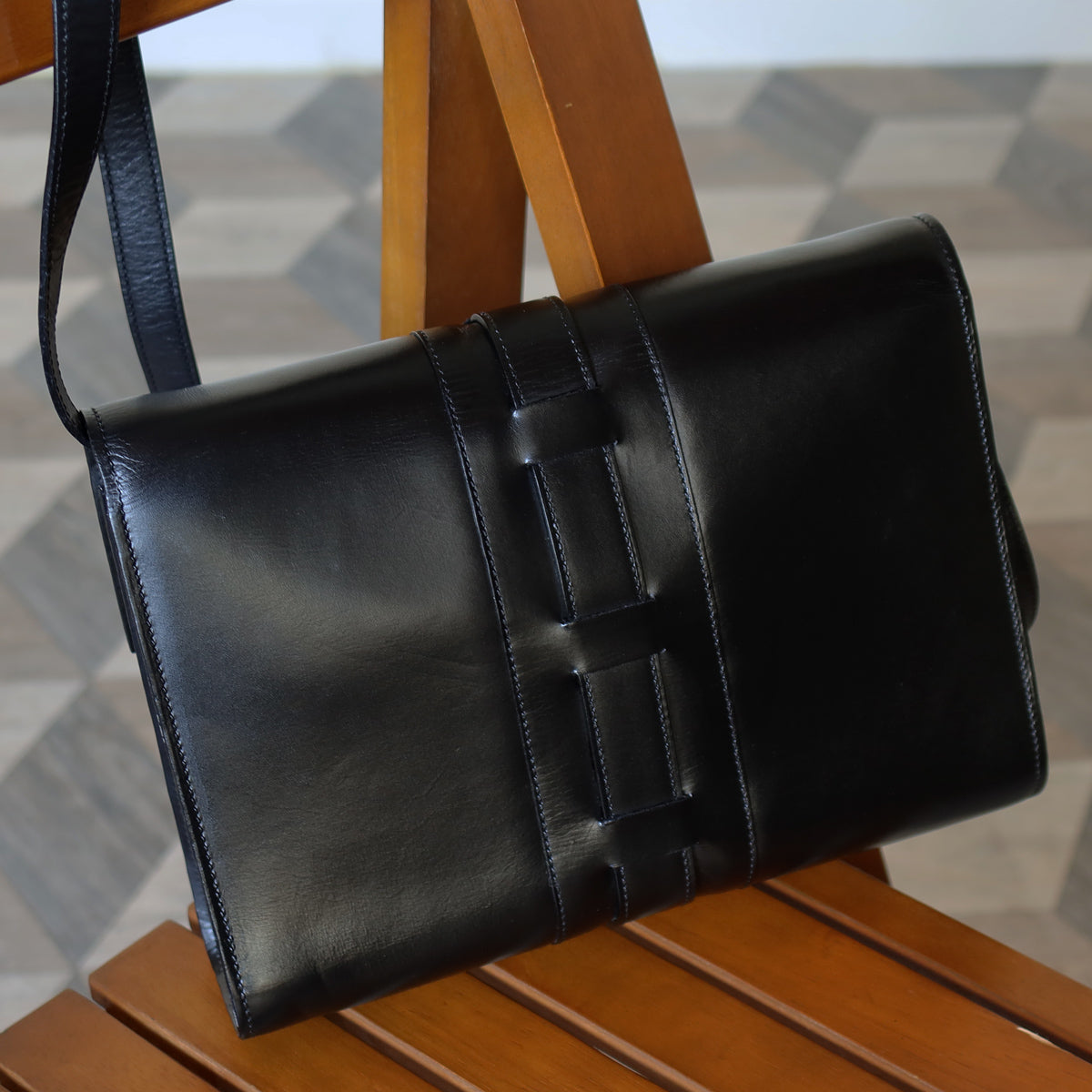Celine Vintage Black Ribbon Gold Metal Fittings Crossbody Bag