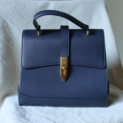 Rare Celine Vintage Dark Blue Gold Turn lock Top Handle Shoulder Flap Bag