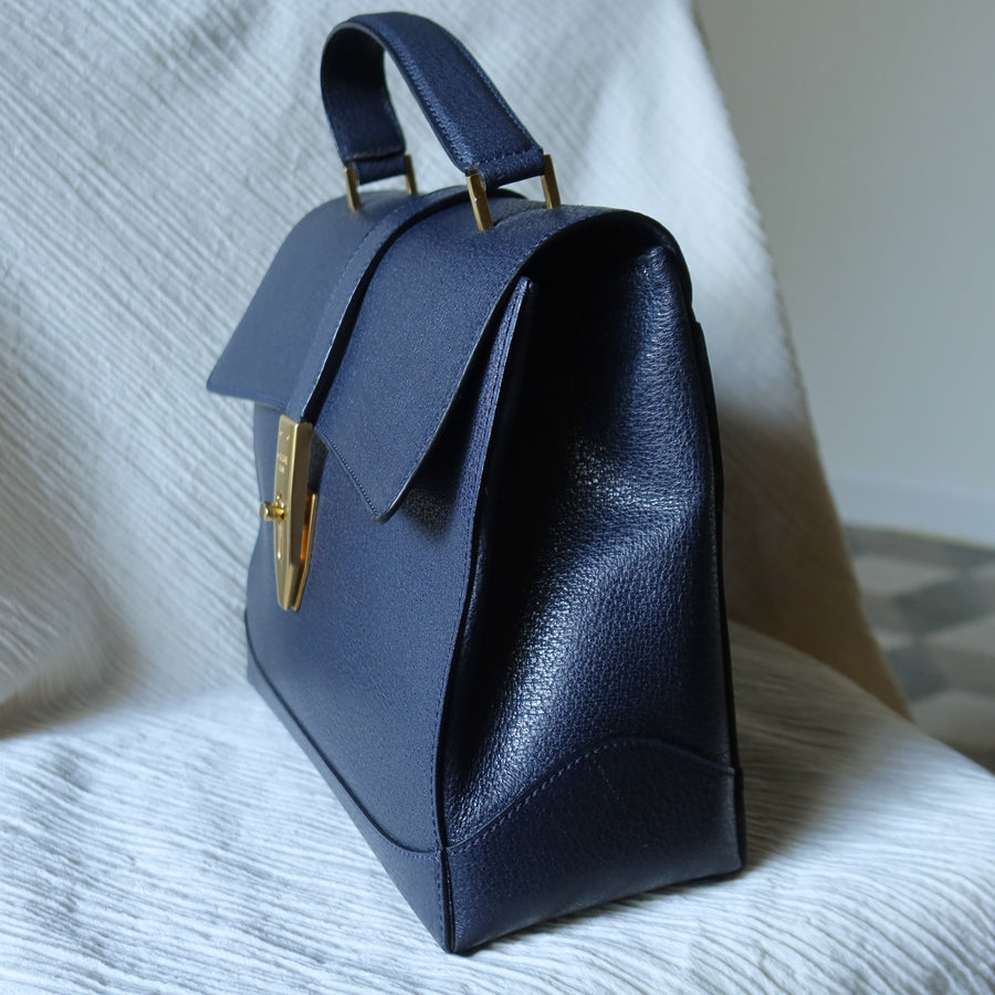 Rare Celine Vintage Dark Blue Gold Turn lock Top Handle Shoulder Flap Bag