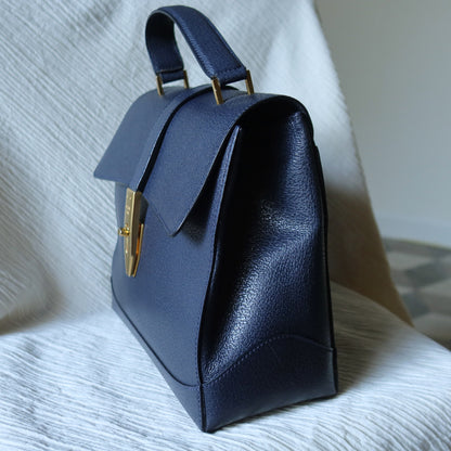 Rare Celine Vintage Dark Blue Gold Turn lock Top Handle Shoulder Flap Bag