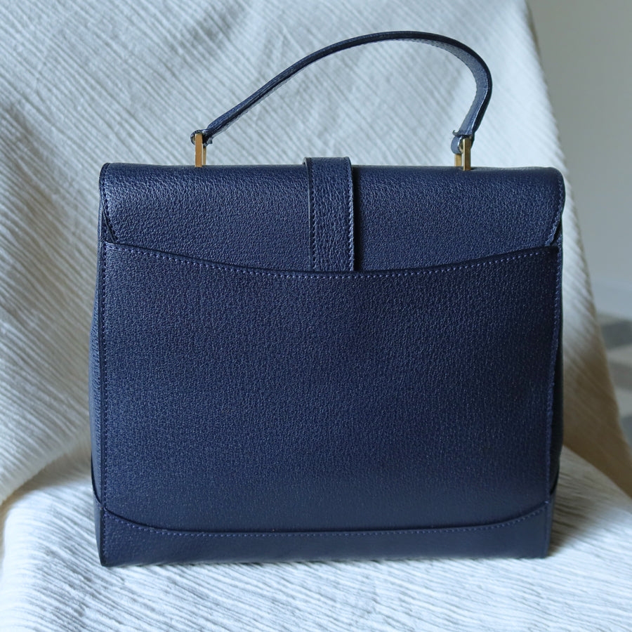 Rare Celine Vintage Dark Blue Gold Turn lock Top Handle Shoulder Flap Bag