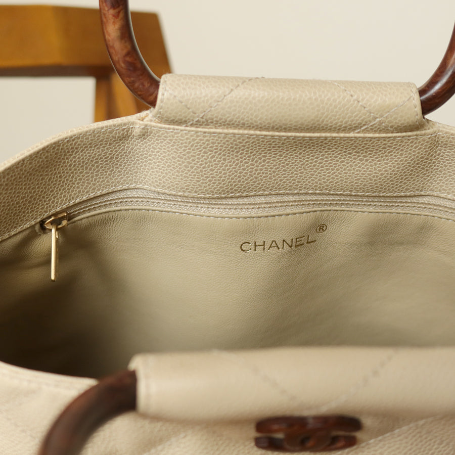 Chanel Vintage Quilted Beige Caviar Leather CC mark Top Handle Weekend Bag