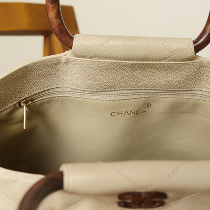 Chanel Vintage Quilted Beige Caviar Leather CC mark Top Handle Weekend Bag