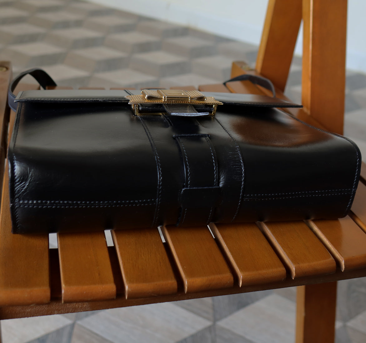 Celine Vintage Black Ribbon Gold Metal Fittings Crossbody Bag