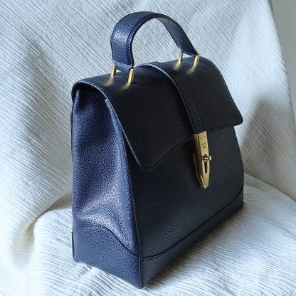 Rare Celine Vintage Dark Blue Gold Turn lock Top Handle Shoulder Flap Bag