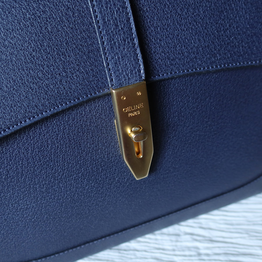 Rare Celine Vintage Dark Blue Gold Turn lock Top Handle Shoulder Flap Bag