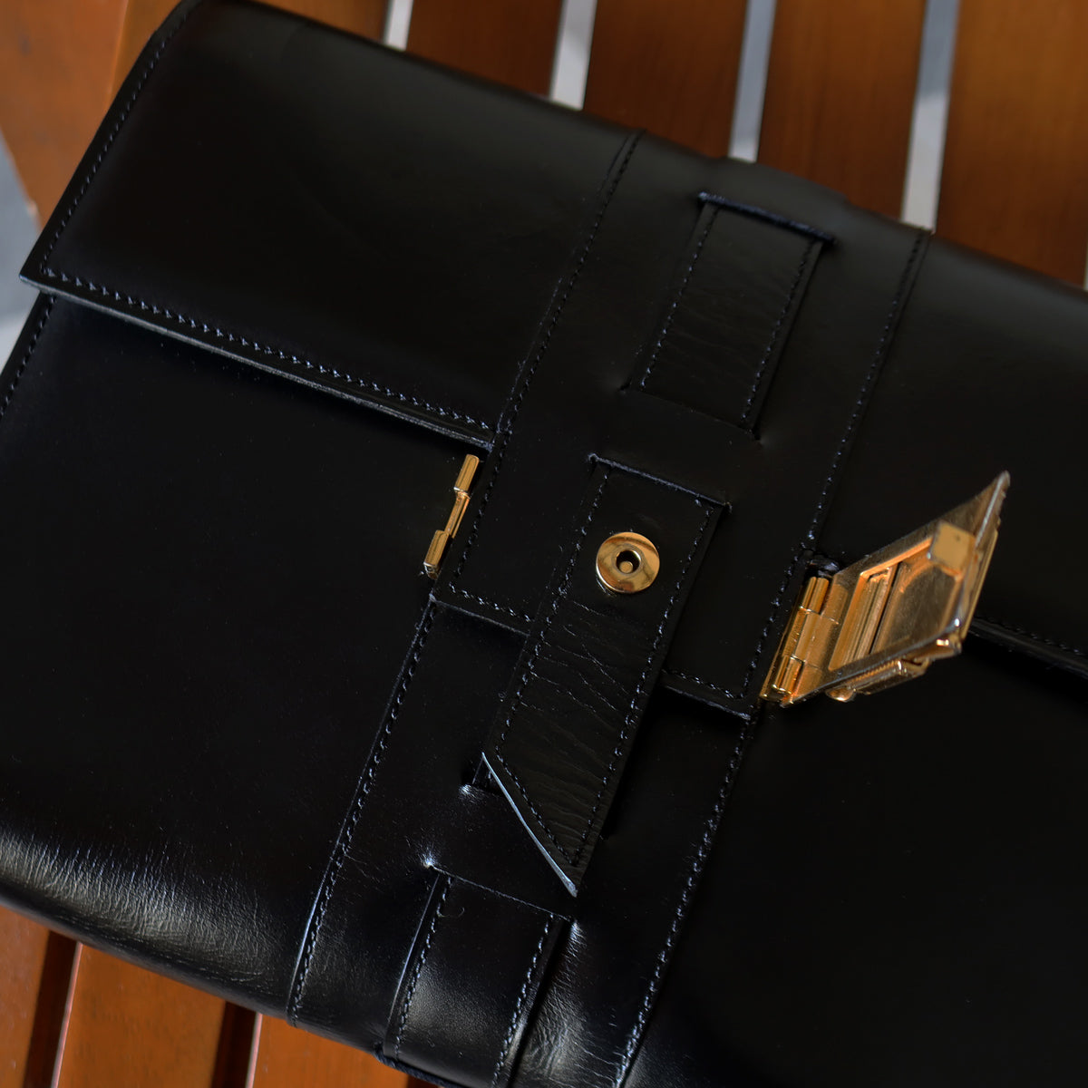 Celine Vintage Black Ribbon Gold Metal Fittings Crossbody Bag